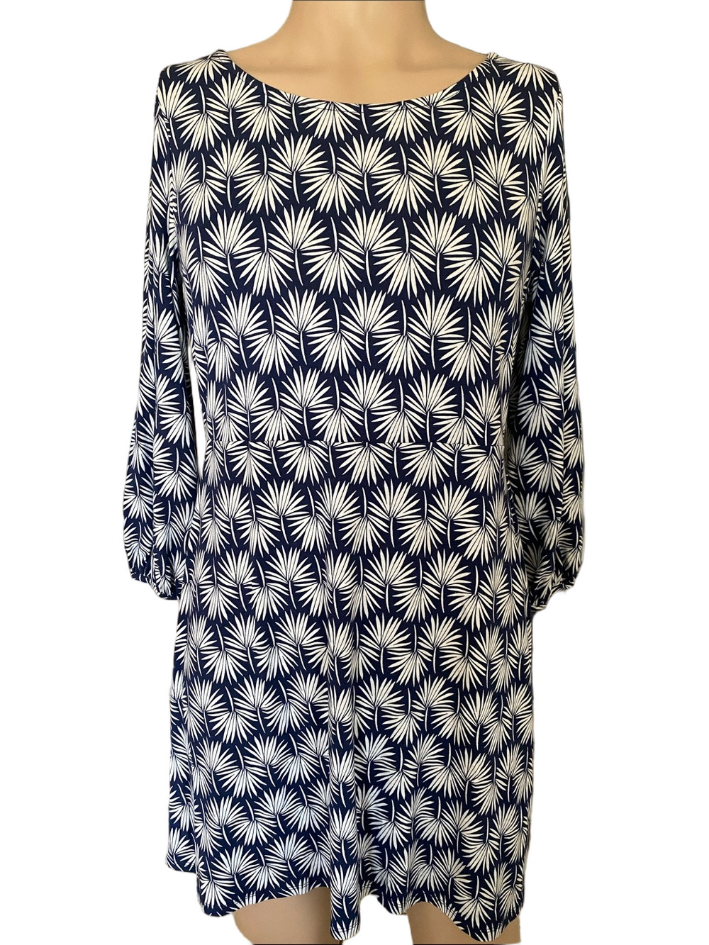 Boden Navy and White Palm-Print Long-Sleeve Shift Dress